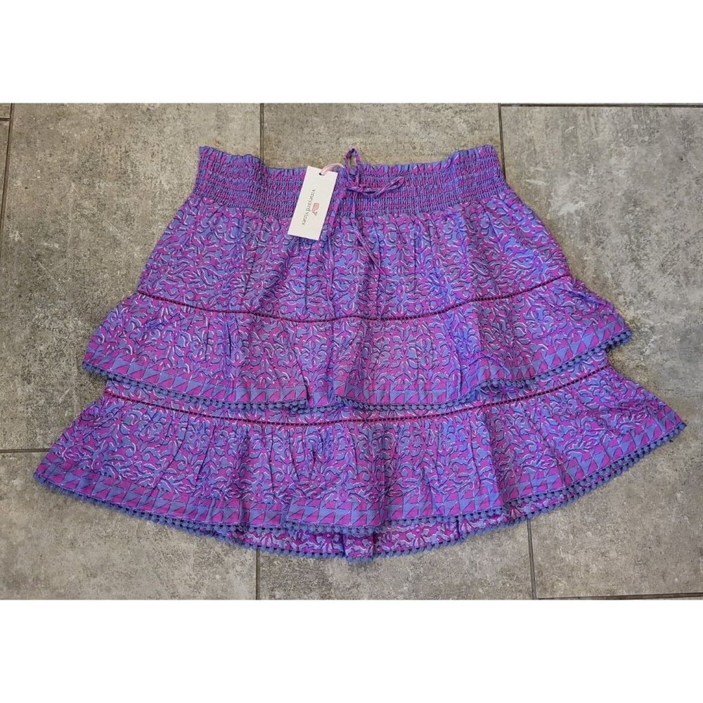 New Vineyard Vines Anegada Print Tiered Purple Mini Skirt Sz L Elastic Waist